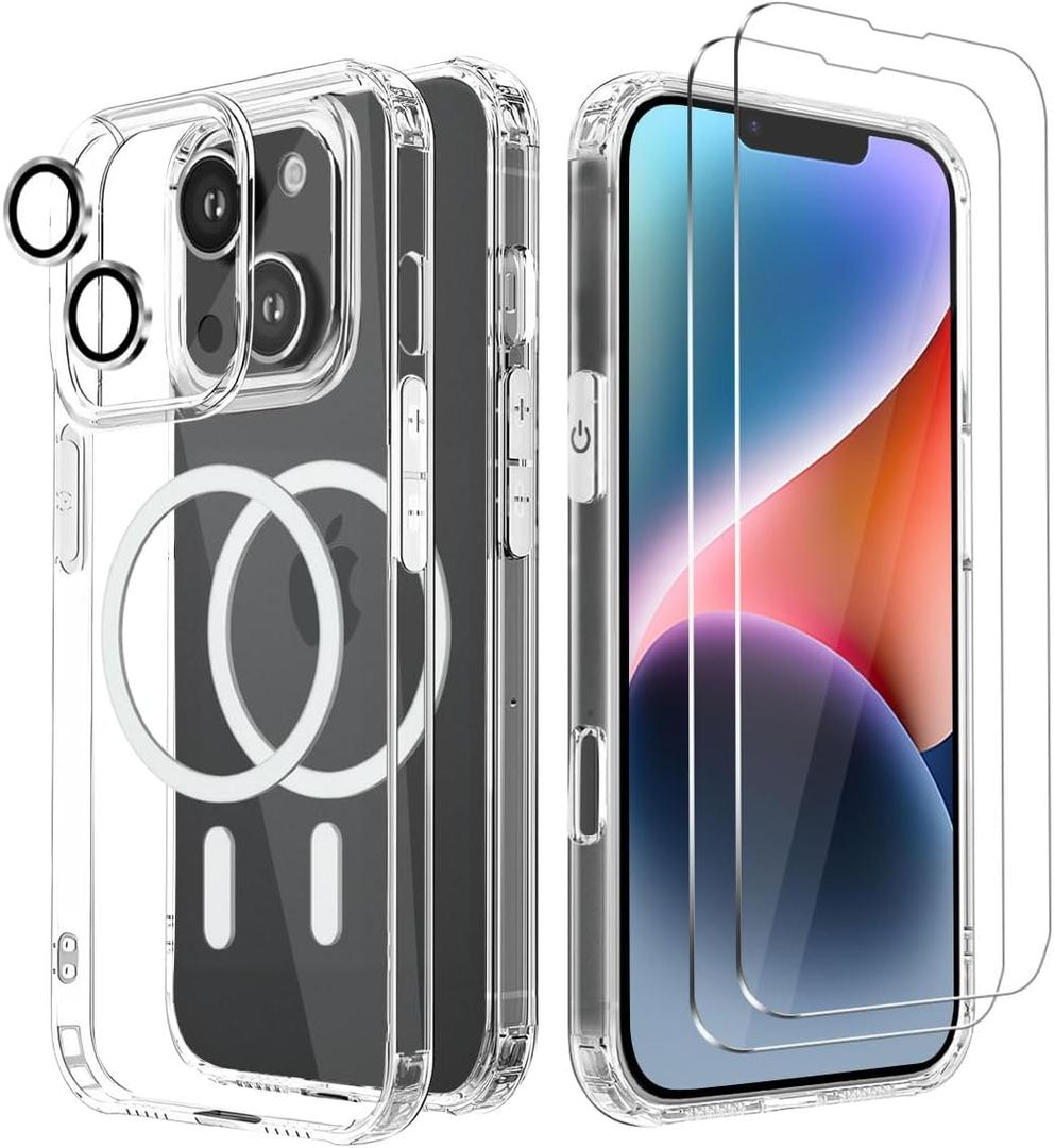 5 in 1 Magnetic Clear Case for iPhone 14 with 9H Tempered Glass [2 Protectors & 4 Lens Films]  Durable, Anti-Yellowing, Shockproof, Waterproof, Ultra-Thin