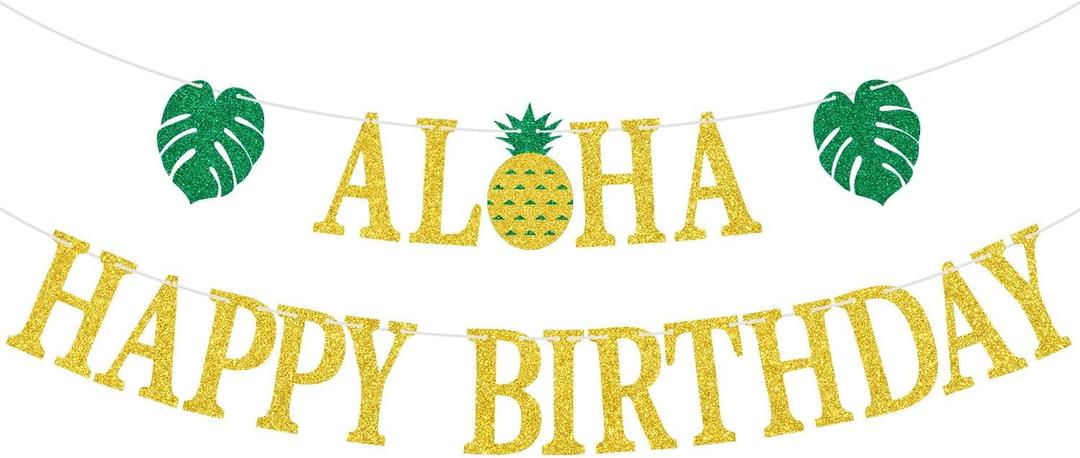 4 x Glittery Aloha Happy Birthday Banner, Aloha Birthday Sign, Tropical Luau Party Decorations, Hawaiian Pineapple Party Decorations Supplies