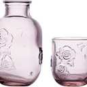 LCORMAG Pink Rose Flower Vintage Bedside Water Carafe and Glass Set, 15 oz Clear Glass Water Carafe with Tumbler for Bedroom Nightstand, Fruit Juice Milk Carafes, Mouthwash Decanter for Bathroom