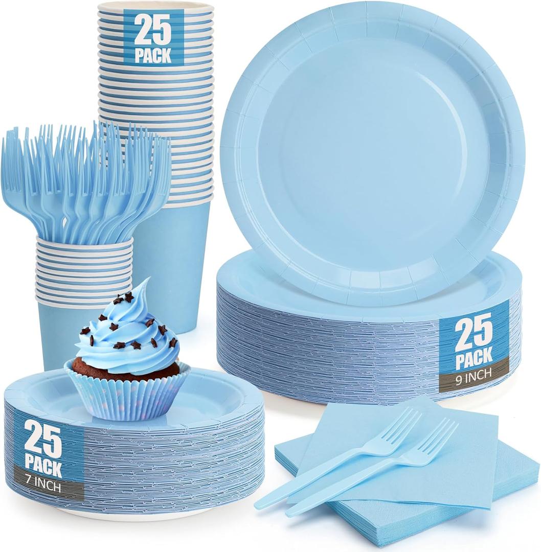 Light Blue Paper Plates and Napkins Party Supplies, Include 9Disposable Blue Plate, 7Dessert Plates Cups Napkins Forks for Baby Shower, Wedding, Birthday Decorations, Serves 25