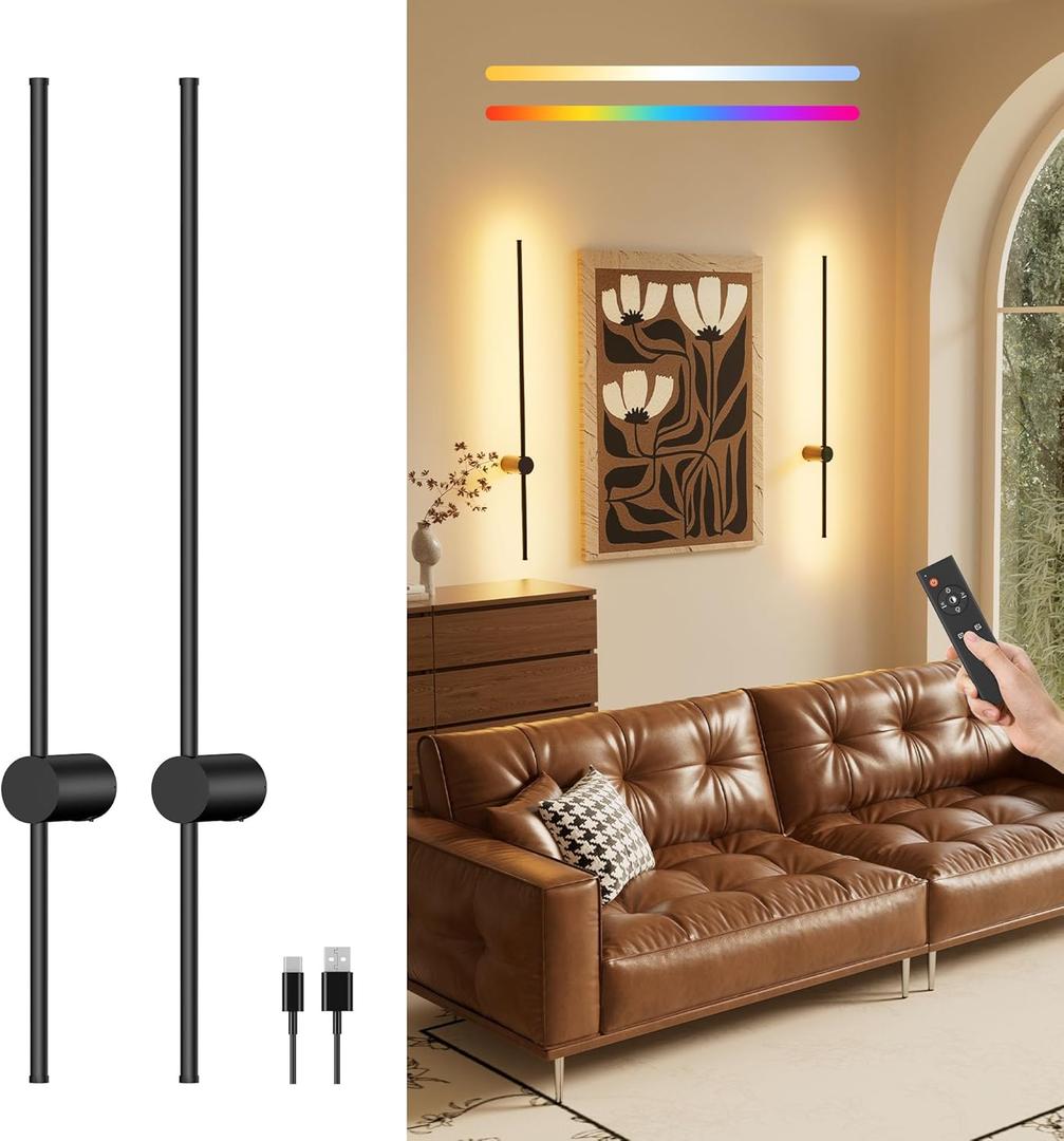 Rechargeable Battery Operated Wall Sconce Set of 2, Dimmable LED Wall Lamps with Remote Control, Wireless Wall Lights for Bedroom, Living Room, Hallway, 40-Inch, Black, 2 Pack