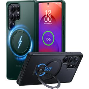 CASEKOO Patented 360 Spin Magnetic Stand for Samsung Galaxy S25 Ultra Case [18FT Military Drop Protection] [Compatible with MagSafe] Matte Translucent Slim S25 Ultra Case 6.9'' 2025, Green