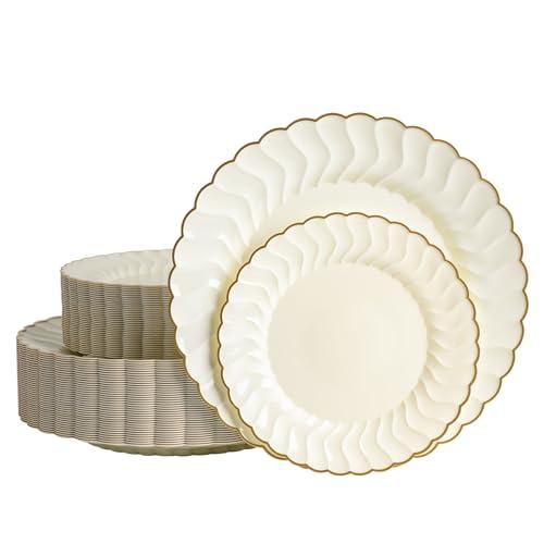 Brolifon 80pcs Ivory Thanksgiving Plastic Plates With Gold Rim, 10in Dinner Plate and 7in Dessert Plate Disposable Elegant Scalloped Plates for Party, Wedding