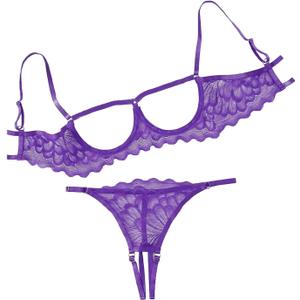 Lilosy Sexy Underwire Floral Lace Sheer Lingerie Set for Women See Through Bra and Panty 2 Piece (Large, Purple)