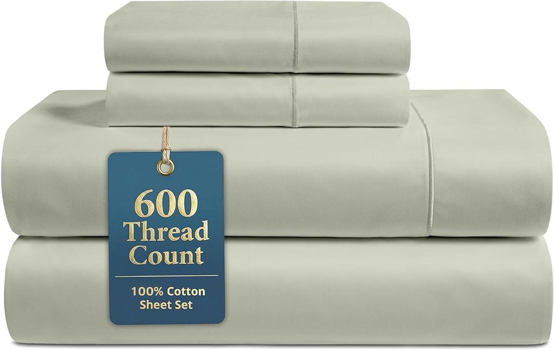 LANE LINEN King Size Sheets 600 Thread Count Long-Staple 100% Cotton King Bed Sheets, Sustainably Produced & Oeko-Tex Certified, Soft Silky Sateen Finish, 15" Deep Pocket Fitted Sheet Mineral