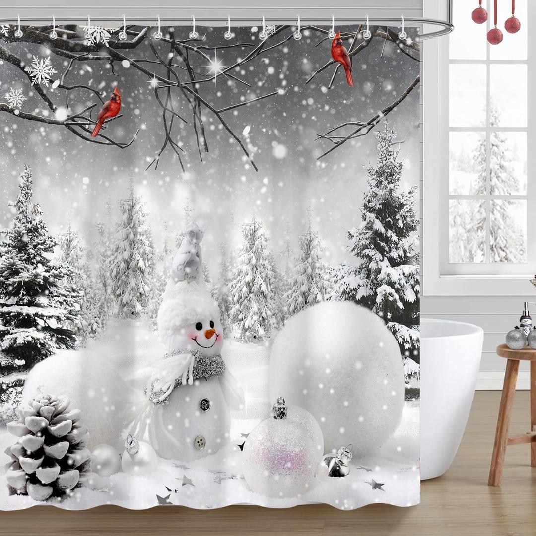 Merry Christmas Winter Shower Curtain, Cute Snowman Cardinal Snow Grey Bathroom Decoration Curtain Sets with Hooks 72 x 72 Inch White Gray Xmas Holiday Bath Decor
