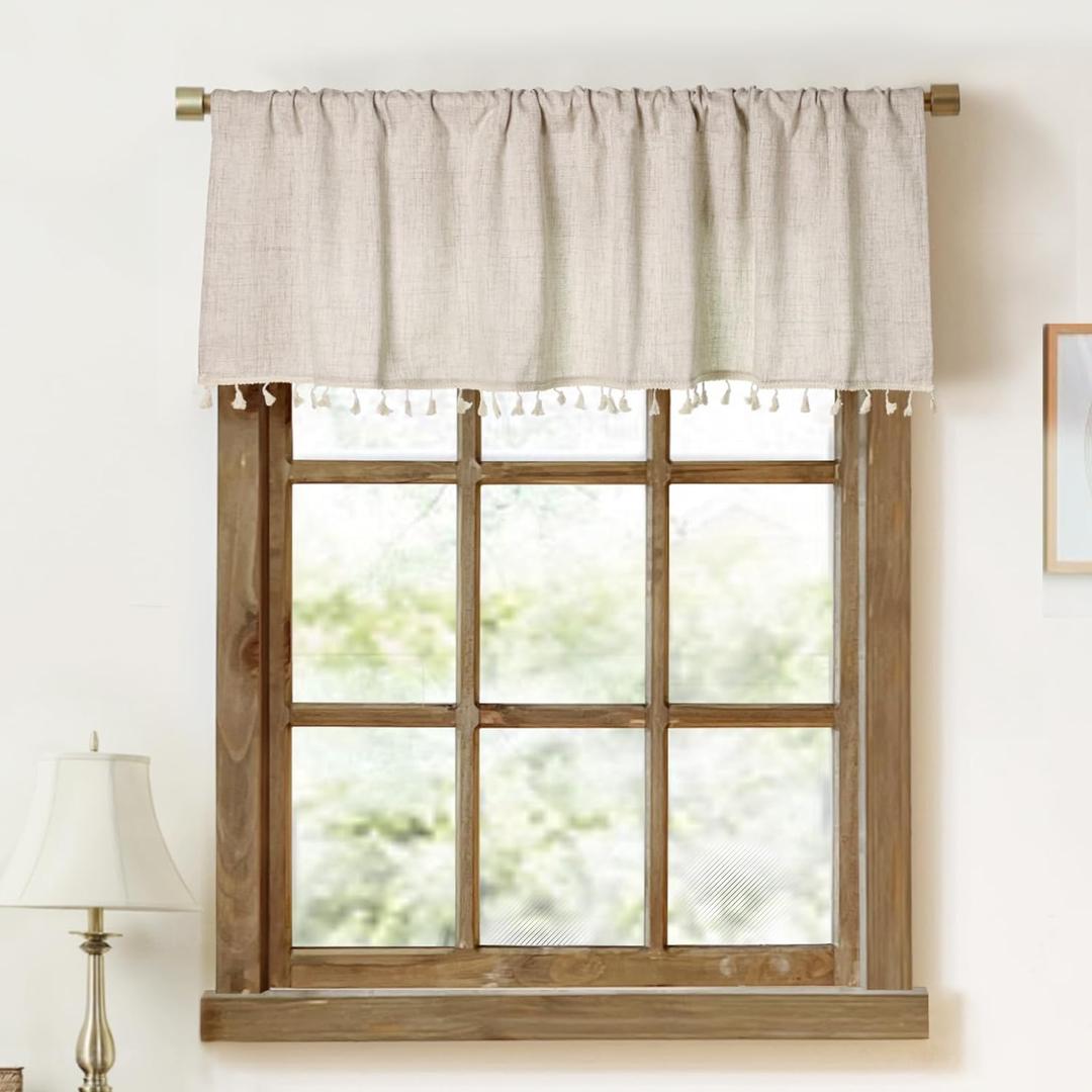 2 Pack Faux Linen Tassel Kitchen Valances for Windows Modern Farmhouse Neutral Valance Curtains Topper Country Rustic Bathroom Small Window Treatment Boho Decor (54x15 inch, Natural)