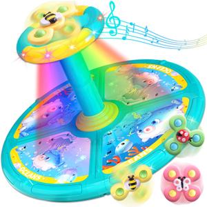 Ocean Sit and Spin Toys for Toddlers 1-3, 360 Rotation Sit n Spin, LED Light & Enlightenment Music, Ideal Christmas, Birthday Gift for Boy/Girl with 3PCS Suction Cup Spinner Toys (Blue)
