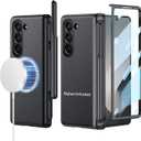 for Samsung Galaxy Z-Fold-6 Case: Support All Magsafe Accessories | Fold 6 New Slim S Pen (2024) Holder & Generic Stylus | Hinge Protection, Leather Back, Screen Protector - Black