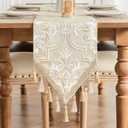 Loom and Mill Elegant Damask Table Runner 108 inches Long, Jacquard Floral Design Dining Table Runners with Tassels, Great for Christmas Table Setting Kitchen Dresser Party Decor(Beige Gold, 13x108in)