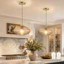 12" Mid Century Modern Pendant Light 2 Pack Amber Vintage Pendant Lights Kitchen Island Ribbed Glass Pendant Light Adjustable Hanging Pendant Light for Dining Room Bedroom (Bulb Included)