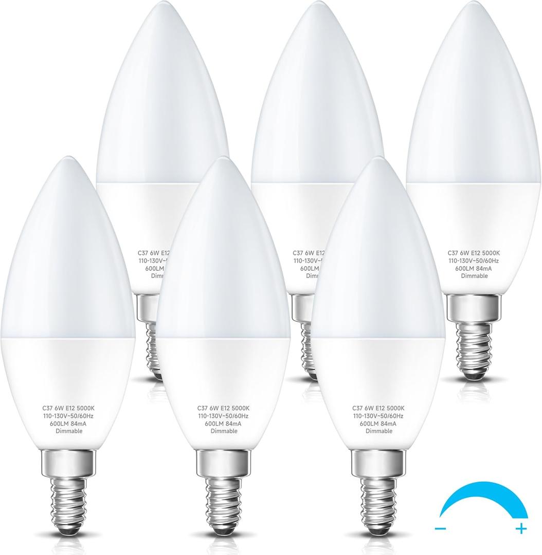 KINDEEP LED Candelabra Light Bulbs Dimmable 60 Watt Equivalent, Daylight 5000K, 600LM, E12 Candle Bulb Base 6W Ceiling Fan Lightbulbs Type B Bulb for Chandelier, Wall Sconces, 6 Pack