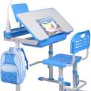 Kids Desk and Chair Set, Height Adjustable Child's School Study Writing Tables with Tilt Desktop, LED Light, Storage Drawer, Book Stand (Blue)