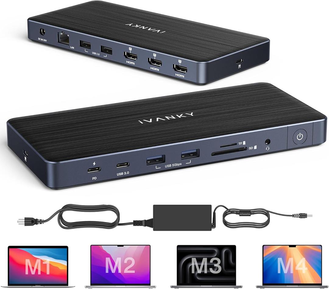 iVANKY 14-in-1 FusionDock Pro 1+ for M2/ M3/ M4/M5 MacBook DisplayLink Docking Station with 180W Power Adapter, Triple 4K@60Hz Monitor Mac mini Air Dock 3HDMI 2.0, 96W PD, 10Gbps, 2.5GbE, SD/TF 4.0