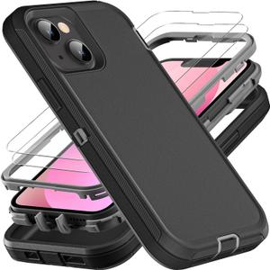for iPhone 13 Mini Case, Military Grade 3 in 1 Heavy Duty Shockproof/Drop Proof/Dust Proof Case with 2Pcs Tempered Glass Screen Protector (Black/Grey)