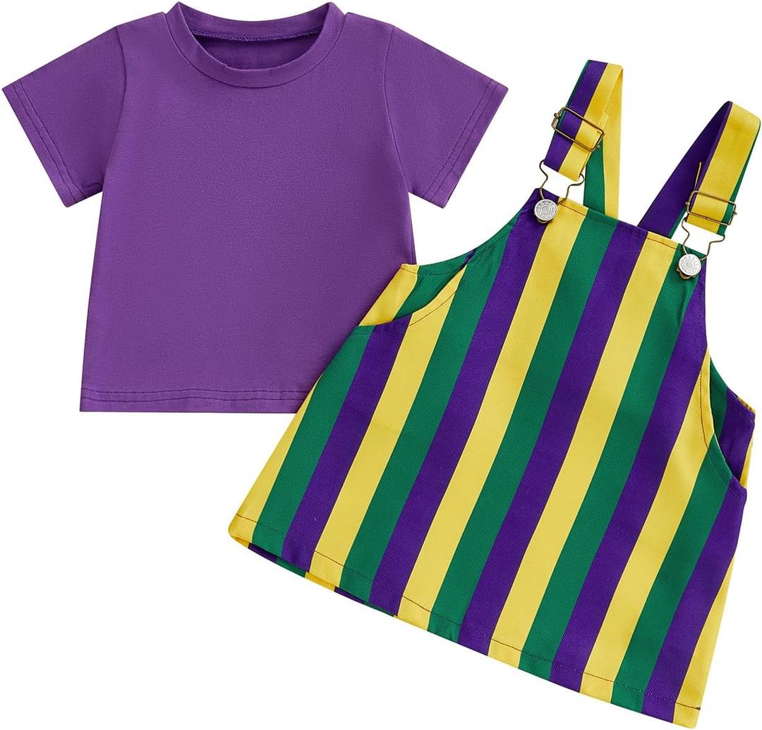 Yccutest Little Toddler Girl Mardi Gras Outfit Kids Short Sleeve T-shirt Adjustable Overall Dress Carnival Clothes For Girls (Purple, 2-3T)