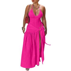 Womens Summer 2 Piece Maxi Skirt Sets Sexy Halter V Neck Backless Thong Bodysuits Wrap Beach Cover Ups Vacation Outfits (Pink, L)