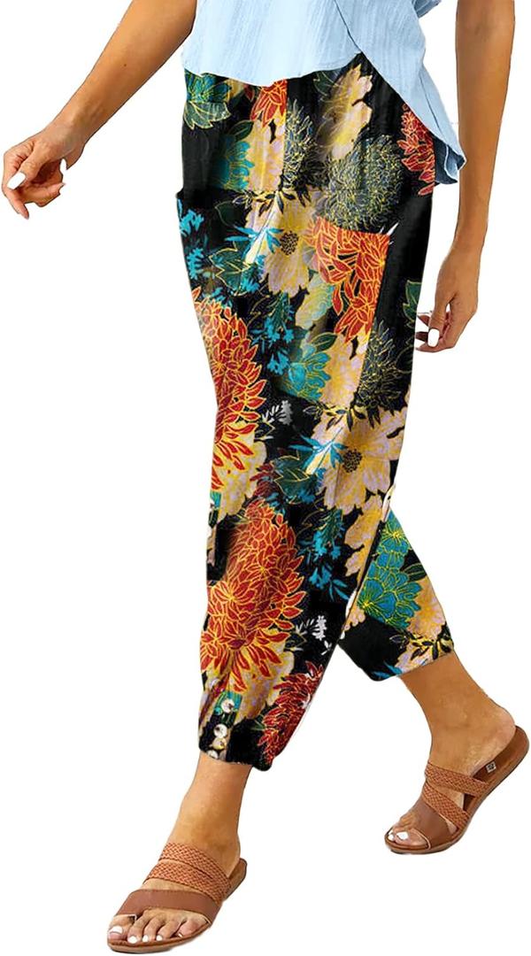 Women's Casual Lantern Tapered Harem Pants Loose Fit Style Flax Ankle Trousers Summer Baggy Slacks with Pocket (M)