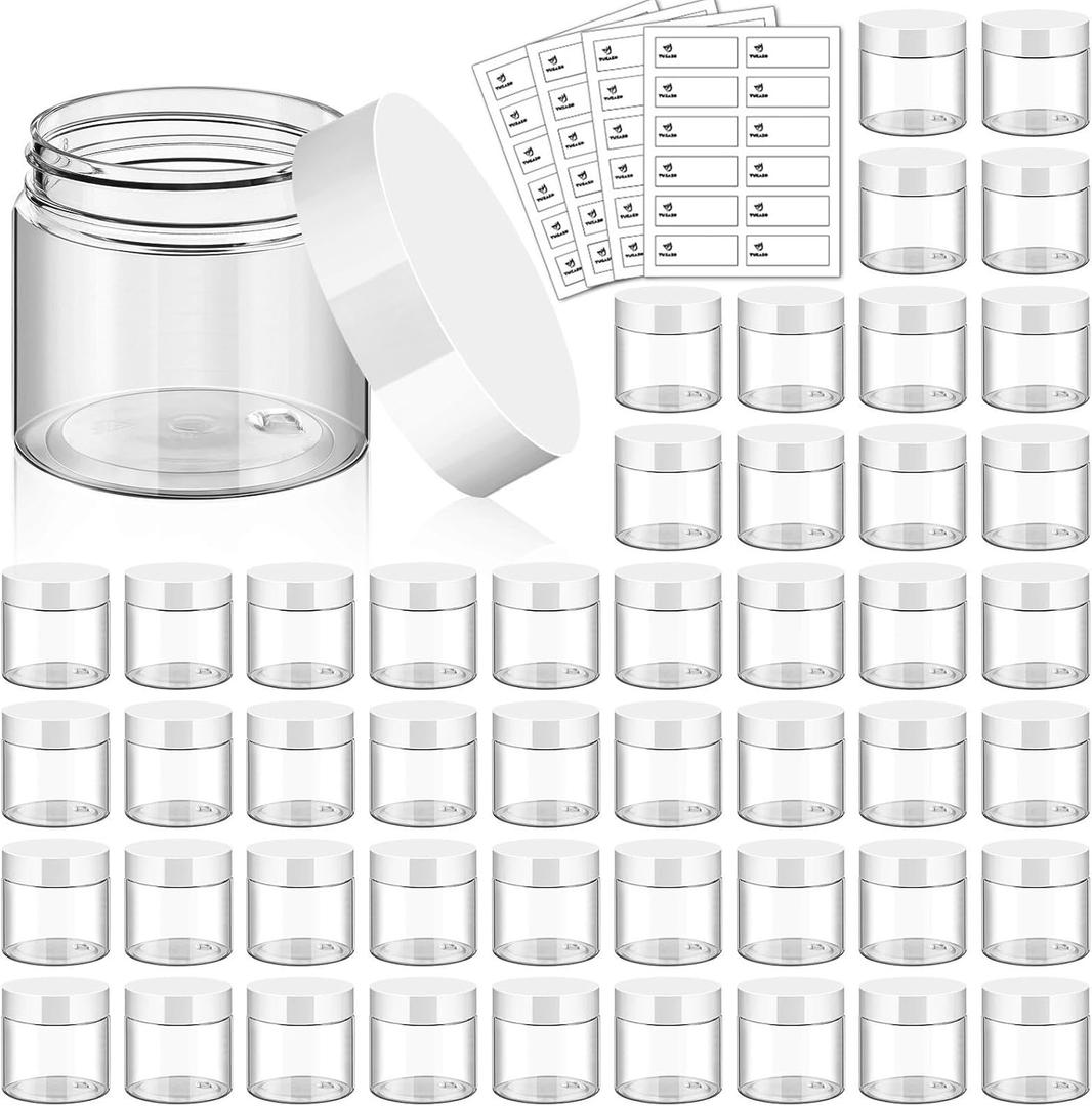 TUZAZO 48 Pack 2 Oz Small Plastic Container Jars with Lids and Labels BPA Free, Empty Round Clear Cosmetic Containers Plastic Slime Jars for Lotion, Cream, Ointments, Samples, Travel Storage (48)