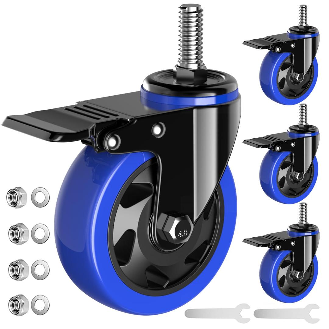 4 Inch Caster Wheels Heavy Duty Stem Caster 2000Lbs, Threaded Stem Casters 1/2"-13 x 1(Stem Diameter 1/2", Stem Length 1"), Swviel Locking Caster Set of 4, Industrial Castor Wheels for Cart,Furniture