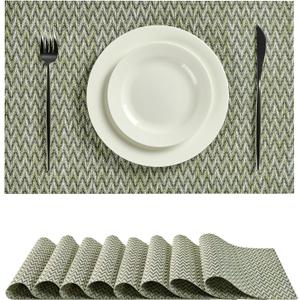 Leetaltree Green Placemats Set of 8 - Heat Resistant Non-Slip Place mats for Dining Table, Washable Durable PVC Vinyl Woven Table MatsGreen Zigzag, 8