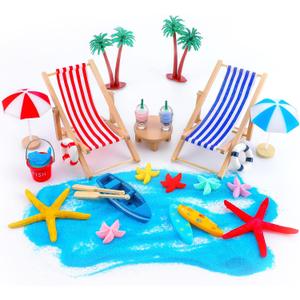 Minatee 25 Pcs Beach Miniature Dollhouse Decoration, Umbrella Palm Chair Miniature Toys Garden Dollhouse Outdoor Accessories Beach Decorations for DIY Garden Plant Pool(Red, Blue)