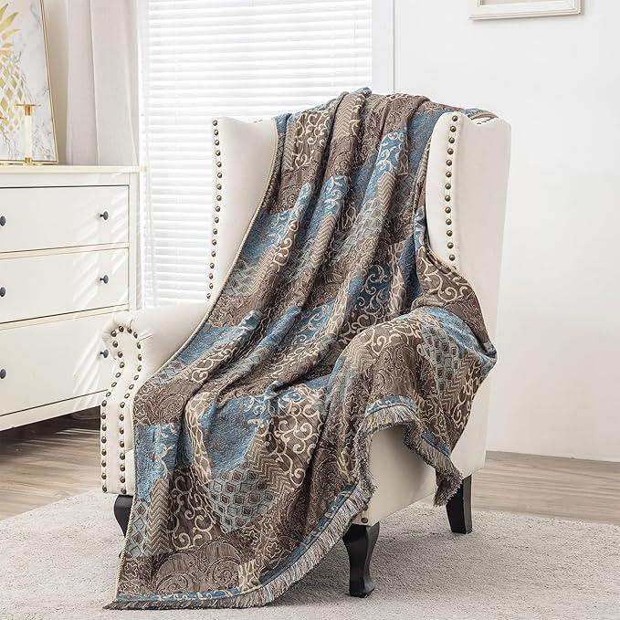 Loom and Mill Luxury Throw Blanket for Bed Sofa, Classic Damask Patchwork Bed Throws Soft Lightweight Velvet Fall Blankets with Fringes Trim for Couch Recliner Chair Home Decor (Blue, 52x72 Inches)