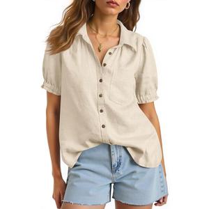Womens Puff Short Sleeve Button Down Shirts Summer Casual Collared V Neck Blouse Linen Loose Fit Work Tops Size XL