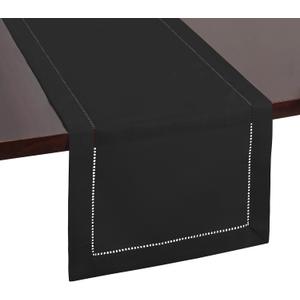 Modern Black Table Runner, Elegant Hemstitch Black Dresser Cover for Bedroom or Dining, Perfect for Special Occasions, Machine Washable (14 x 108 Inches Long)