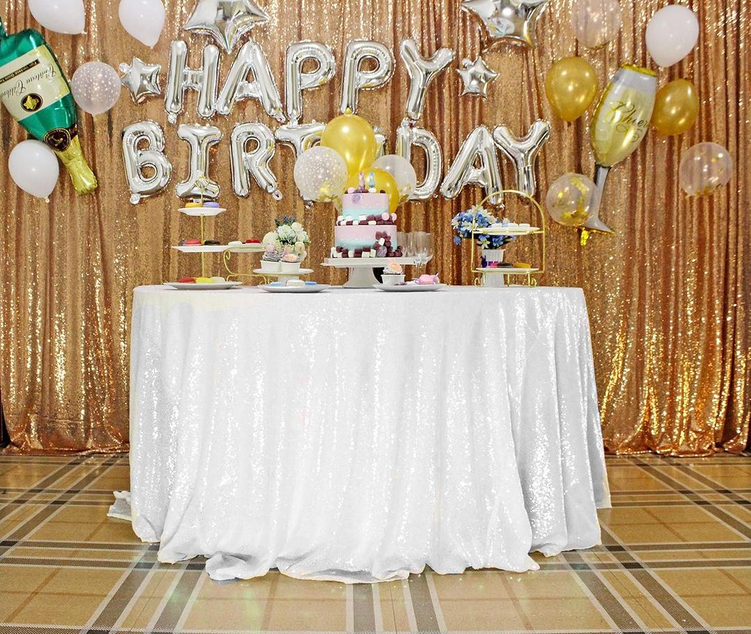 JYFLZQ White Sequin Tablecloth 120" Round Sparkly Drape Table Cloths Table Cover Overlay for Wedding Birthday Party Baby Bridal Shower
