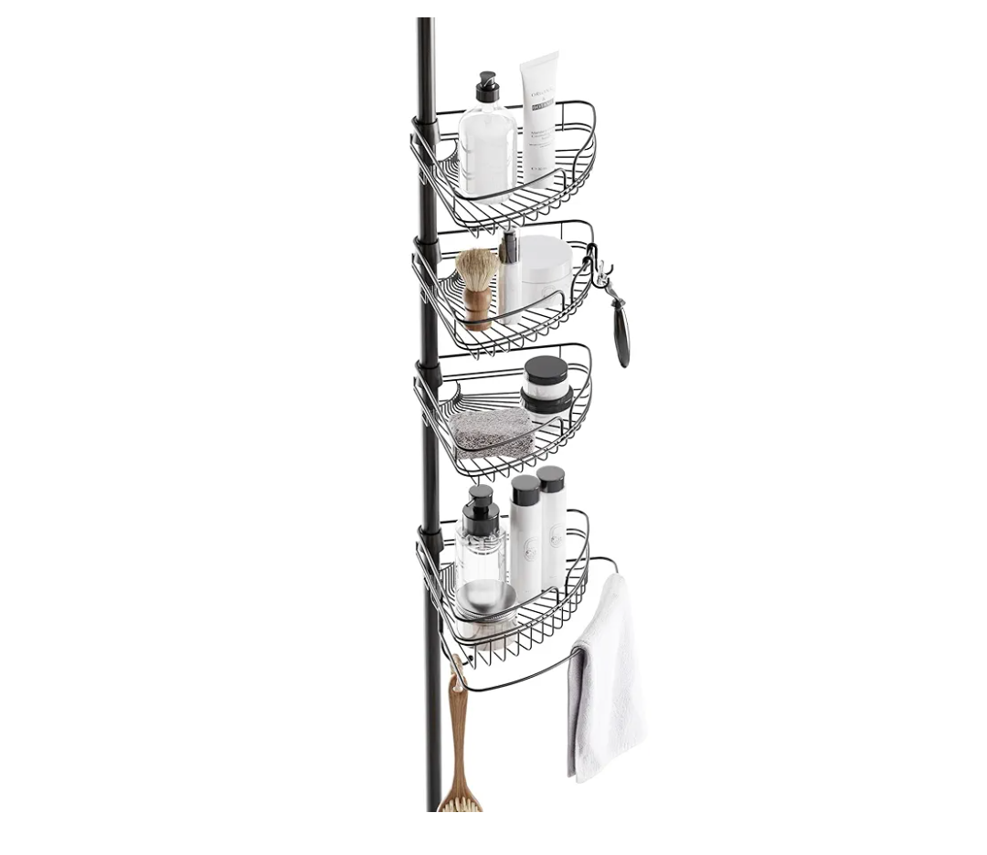 Zenna Home Tension Pole Shower Caddy Corner Organizer, Adjustable Standing Shower Caddy with 4 Baskets and Built in Towel Bar, Rust Resistant Bathroom Tension Rod Organizer, 60 to 97 Inch, Matte Black