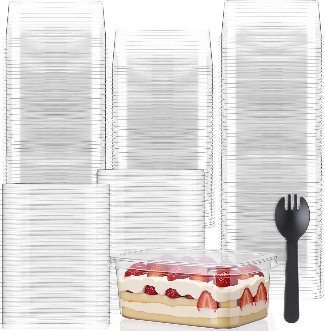 Tanlade 100 Pack 9oz Clear Dessert Cups with Lids and Sporks Rectangle Plastic Cups Disposable Parfait for Banana Pudding Appetizer Mousse Fruit Cupcakes Yogurt Oatmeal Serving