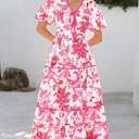 PRETTYGARDEN Women Summer Boho Maxi Dresses 2025 V Neck Puff Short Sleeve A-Line Flowy Tiered Floral Wedding Guest Dress (Pink, M)