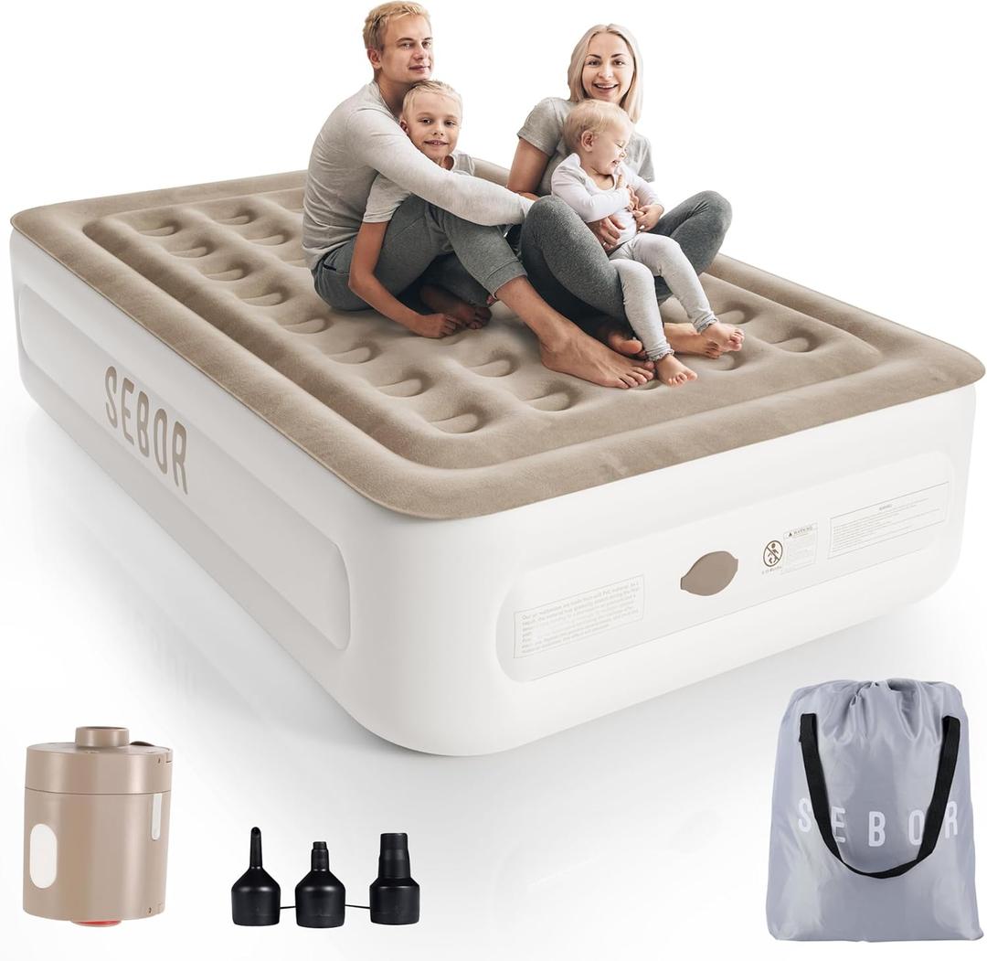 Air Mattress Queen with Built in Pump, 18" Ultimate Comfort Blow up Mattress Queen with Rechargeable Pump, Colchon Inflatable Mattress for Home, Guest, Camping & Office, Air Bed 660lbs Max (18 Queen, Khaki)