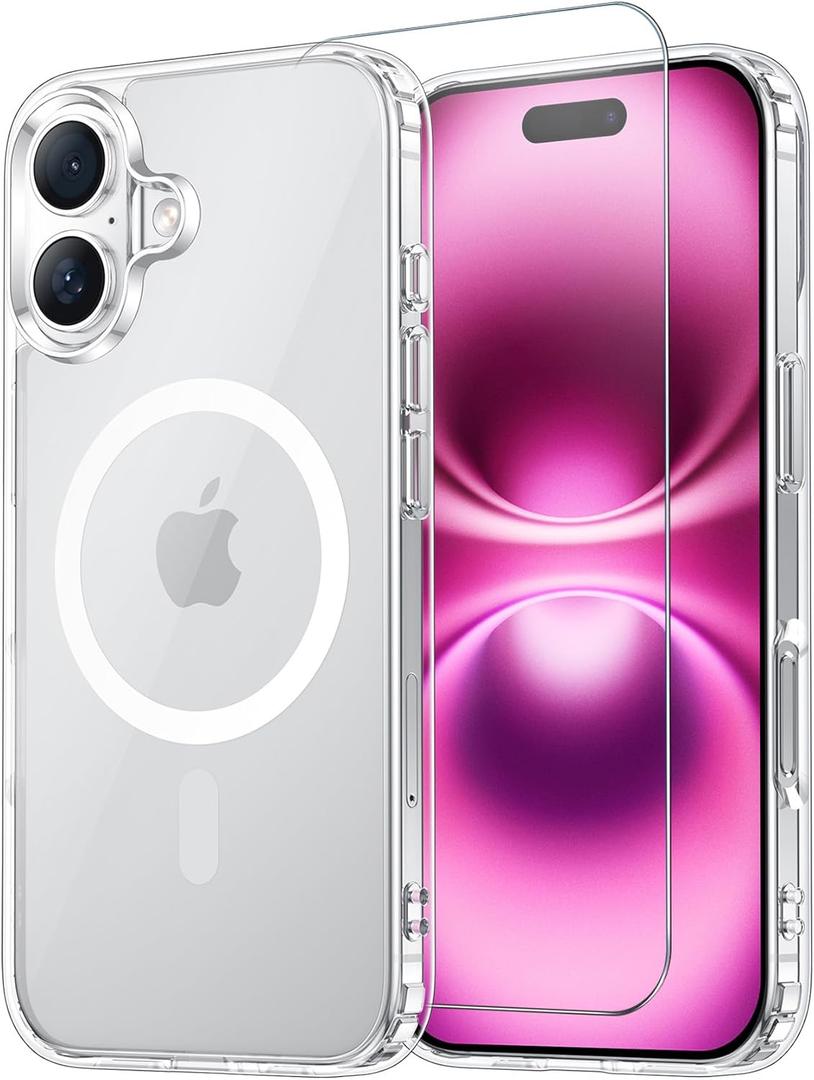 Temdan for iPhone 16 Plus Case Clear with Screen Protector, Compatible with Magsafe, Anti-Yellowing, Military-Grade Protection, Shockproof Slim Magnetic Phone Case Cover, Transparent