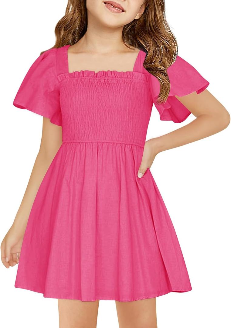 Haloumoning Girls Ruffle Short Sleeve Smocked Summer Dress Kids Square Neck A Line Flowy Mini Dresses 9-10 Years (Pink)