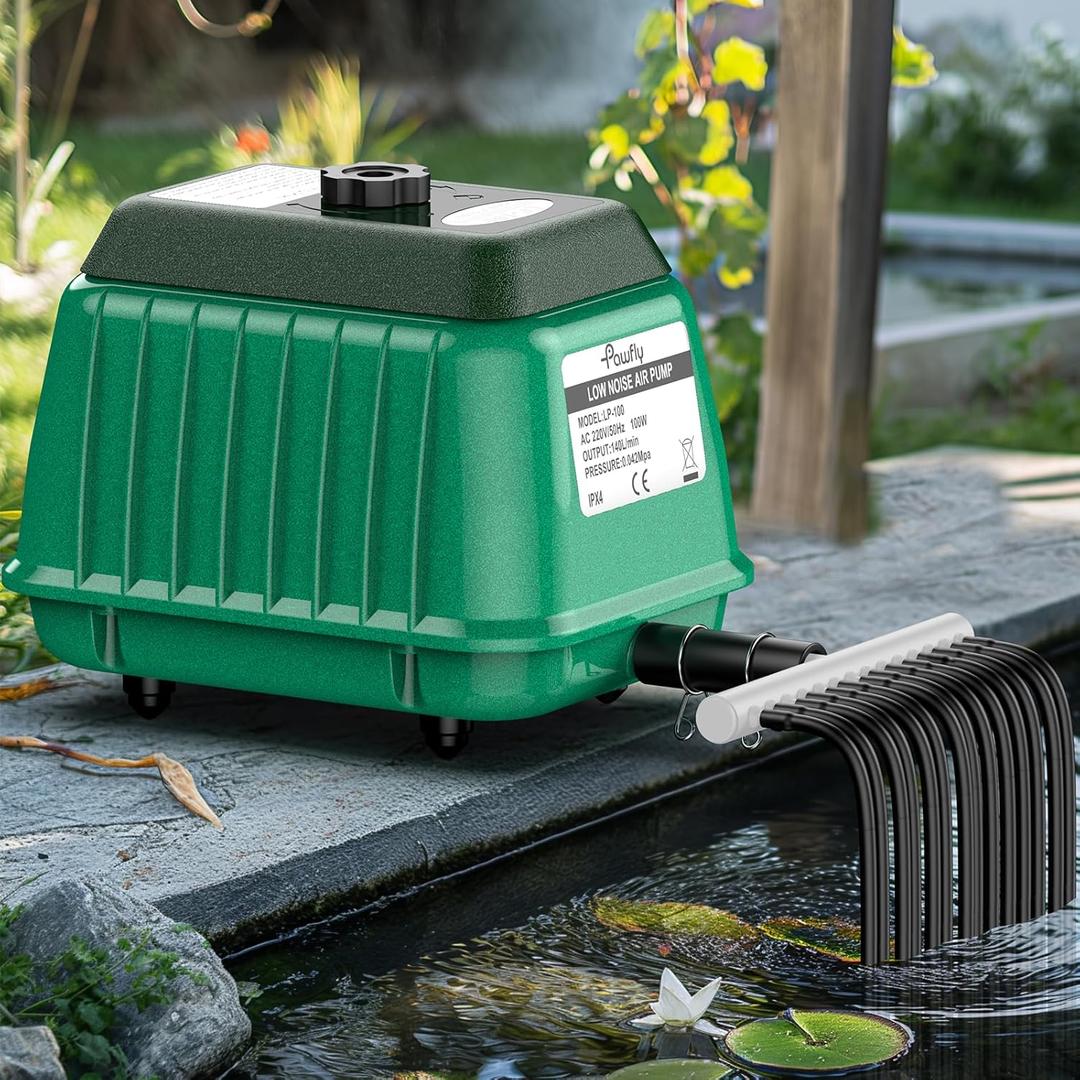 Pawfly 2200 GPH Pond Air Pump, High-Efficiency Aerator for Outdoor Koi Fish Ponds up to 1 Acre & 10ft Deep, 100W Garden & Septic Pump with 2 Air Splitters