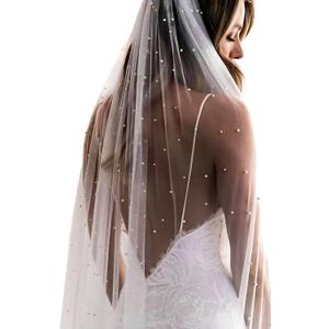 Pearls Wedding Bridal Veil With Metal Comb for Women 1 Tier