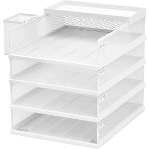 FANXIYQ Stackable Letter Trays, 4 Tier Metal Paper Tray & Desk Organizer, Stackable File Trays for Office & Home, Multi-Functional Document Tray with Fine Grid Design & Magnetic Labels,White
