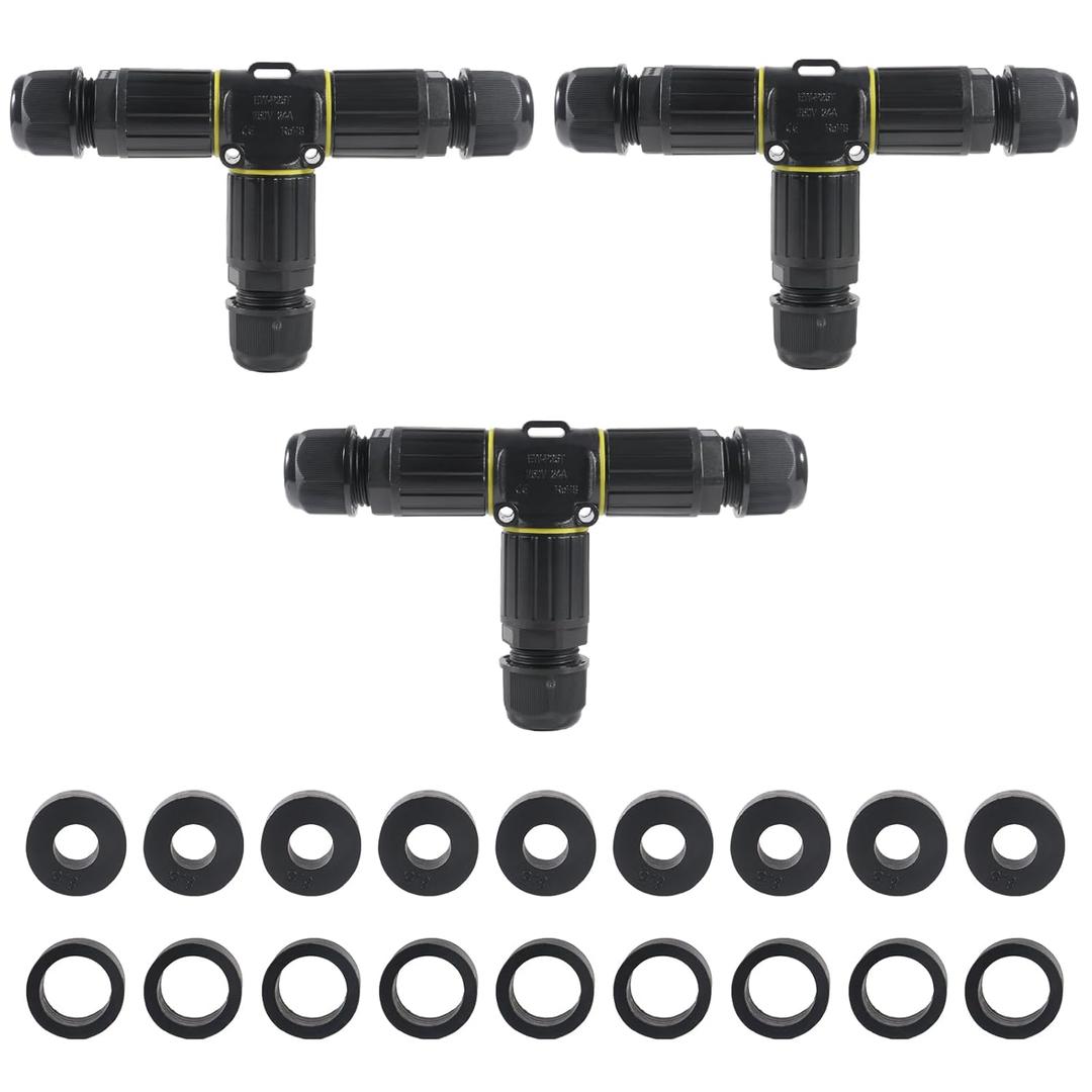 3PCS IP68 Waterproof Electrical Cable Connector, Outdoor 3 Pin T Shape Junction Box, Electrical Wire Connector for 5-9mm/9-12mm Wire Range