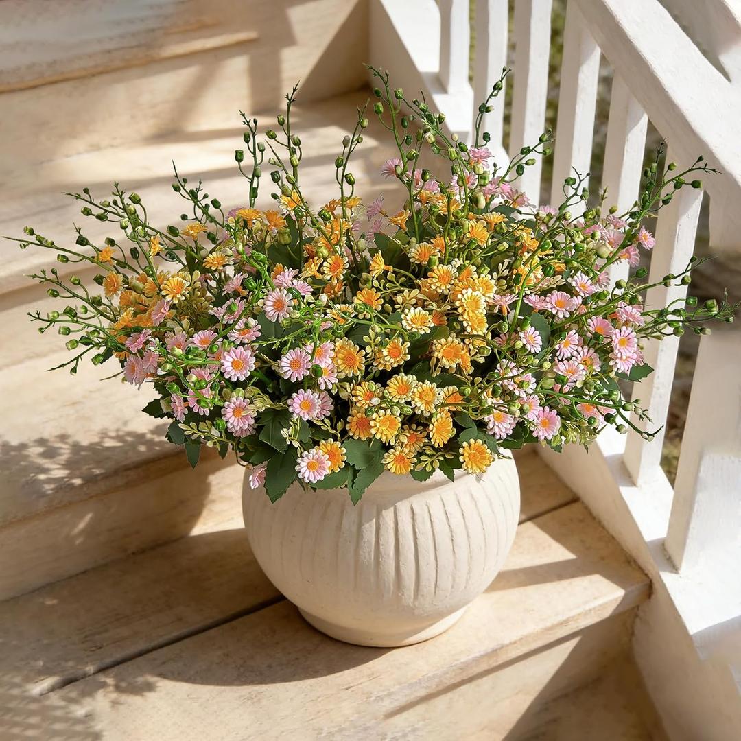 RM ROOMERS Artificial Flowers Plants for Outdoors, Fake Flowers Yellow & Pink Daisy Faux Flower for Garden Porch Windowbox Front Door Yard Wedding Home Decor Indoor Vase (4 Bundles)