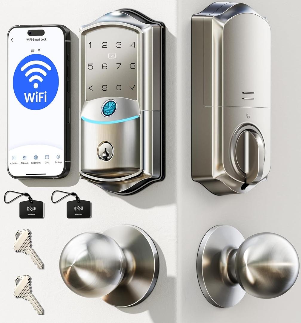 Veise VE027-K Built-in WiFi Smart Lock with 2 Knob, Fingerprint Keyless Entry Door Lock Handle Set for Front Door, App Remote Control, Electronic Digital Keypad Deadbolt, IP65 Waterproof, Satin Nickel