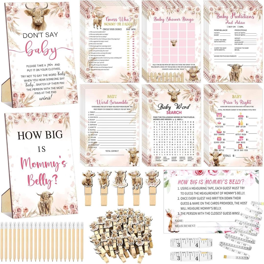 Funnymoom 426 Pcs Highland Cow Baby Shower Games Set-8 Games, Includes Baby Shower Bingo Price is Right Guess Who Word Scramble Prediction and Advice How Big is Mommy's Belly Don't Say the Words (Pink, Beige)