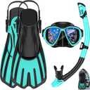 Snorkeling Gear for Adults, 3 in 1 Snorkel Set with Panoramic View Diving Mask Anti-Fog Anti-Leak, Dry Top Snorkel, Fins and Travel Bag for Swimming, Snorkeling and Travel Diving (Mint Green, L/ XL（42-47）)