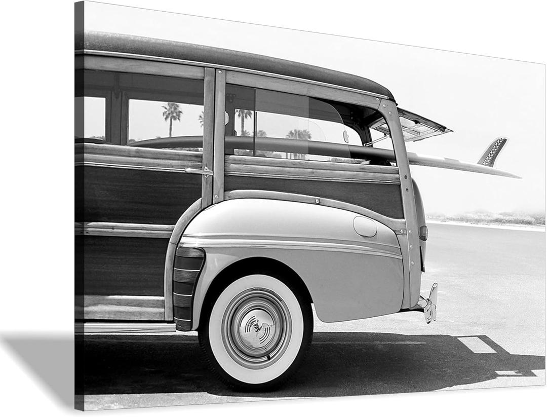Hardy Gallery Coastal Wall Art Surfboard Pictures: Beach Wall Decor Seaside Black White Car Artwork Surfing Ocean Print in Canvas Painting for Bathroom 45" x 30"
