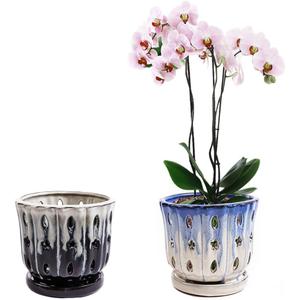 Orchid Pots with Holes Attached Saucers 5 Inches - 2 Pcs Small Ceramic Pots for Repotting, Decorative Ceramic Orchid Planter with Hole for Healthy Root Growth Mixed Color