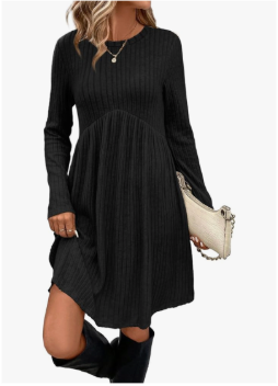 OFEEFAN Long Sleeve Dress for Women Crew Neck Empire Waist Tunic Dress with Pockets, Large