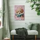 Funny Animal Canvas Wall Art Cute Dog Reading Books In Bed Posters Vintage Trendy Pink Preppy Print Painting Picture Pet Lovers Wall Decor for Girls Bedroom Living Room Bathroom 12x18inch Framed