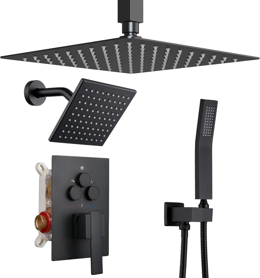 Dasan Matte Black Dual Shower Heads System with Ceiling 12-Inch Rainfall Shower & Wall Mount 6-Inch High Pressure Shower Head, Full Body Dual Shower Set with Handheld Sprayer, 3-Function Shower Faucet