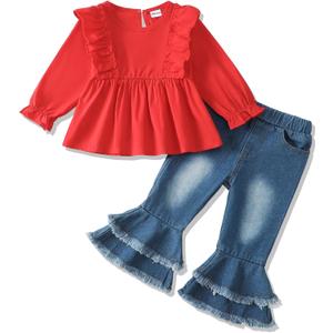 Mikrdoo Baby Toddler Girl Clothes Long Sleeve Ruffle Shirts Top Denim Bell Bottom Outfits Fall Winter Kids Clothing Sets (6-7 Years, 1-red)